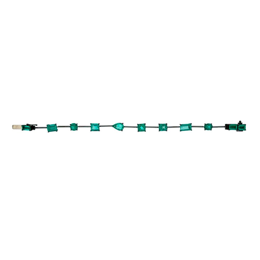 Pulseira Especial De Ouro Branco 18K Com Rodio Negro E Esmeralda
