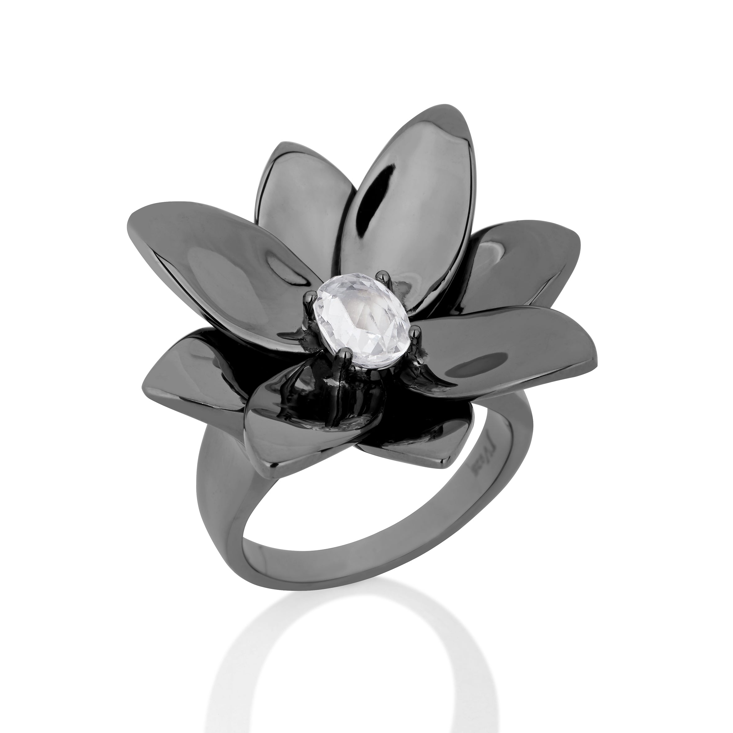 Anel Blossom De Prata Com Ródio Negro E Safira