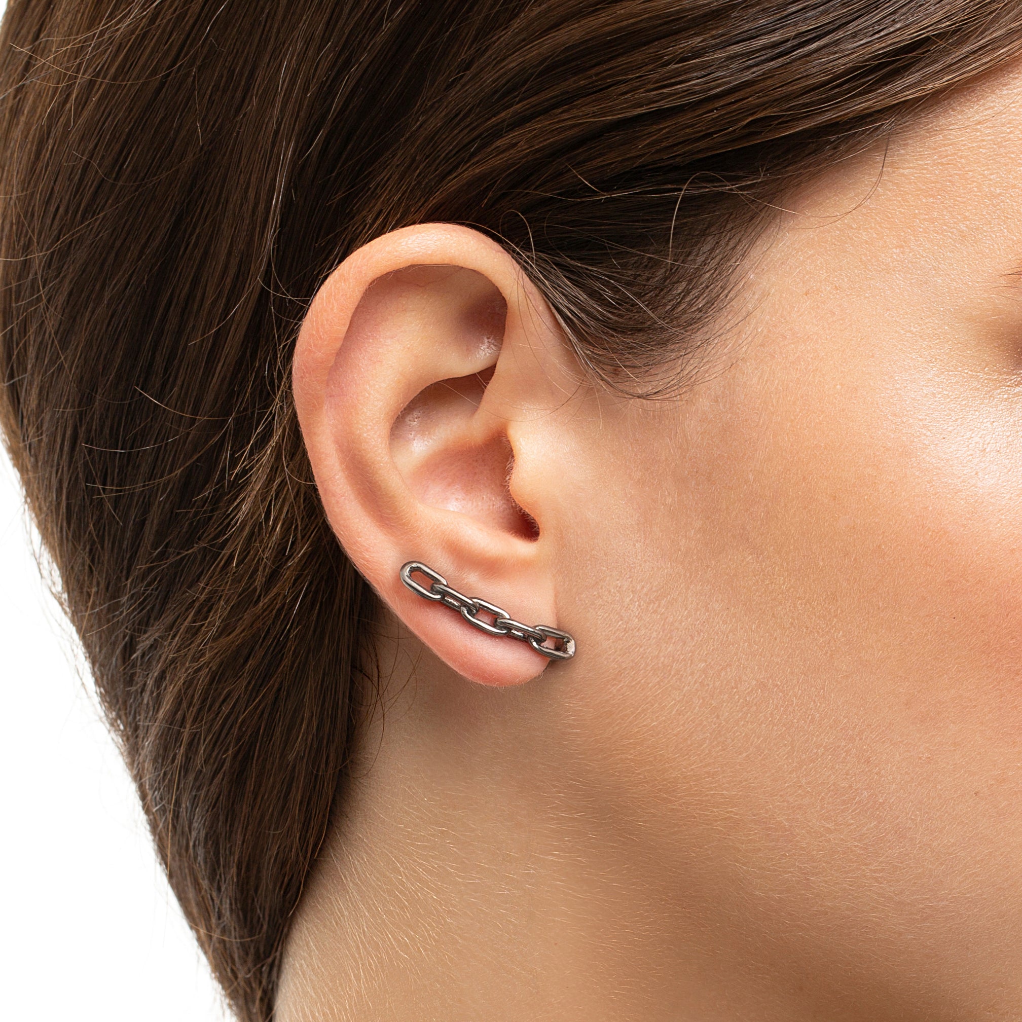 Brinco Ear Cuff Chain De Prata Com Ródio Negro