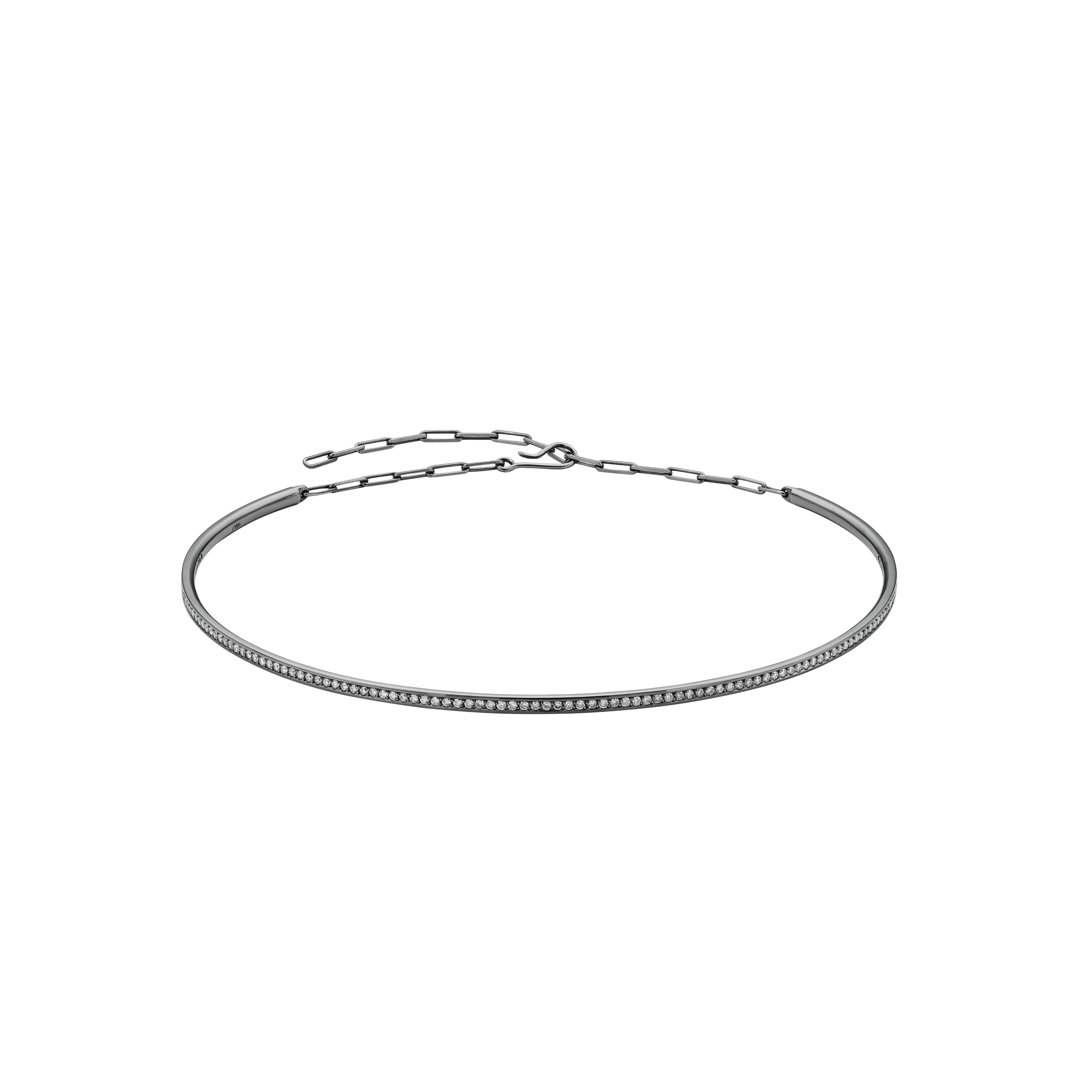 Colar Choker De Ouro Branco 18K Com Ródio Negro E Diamante