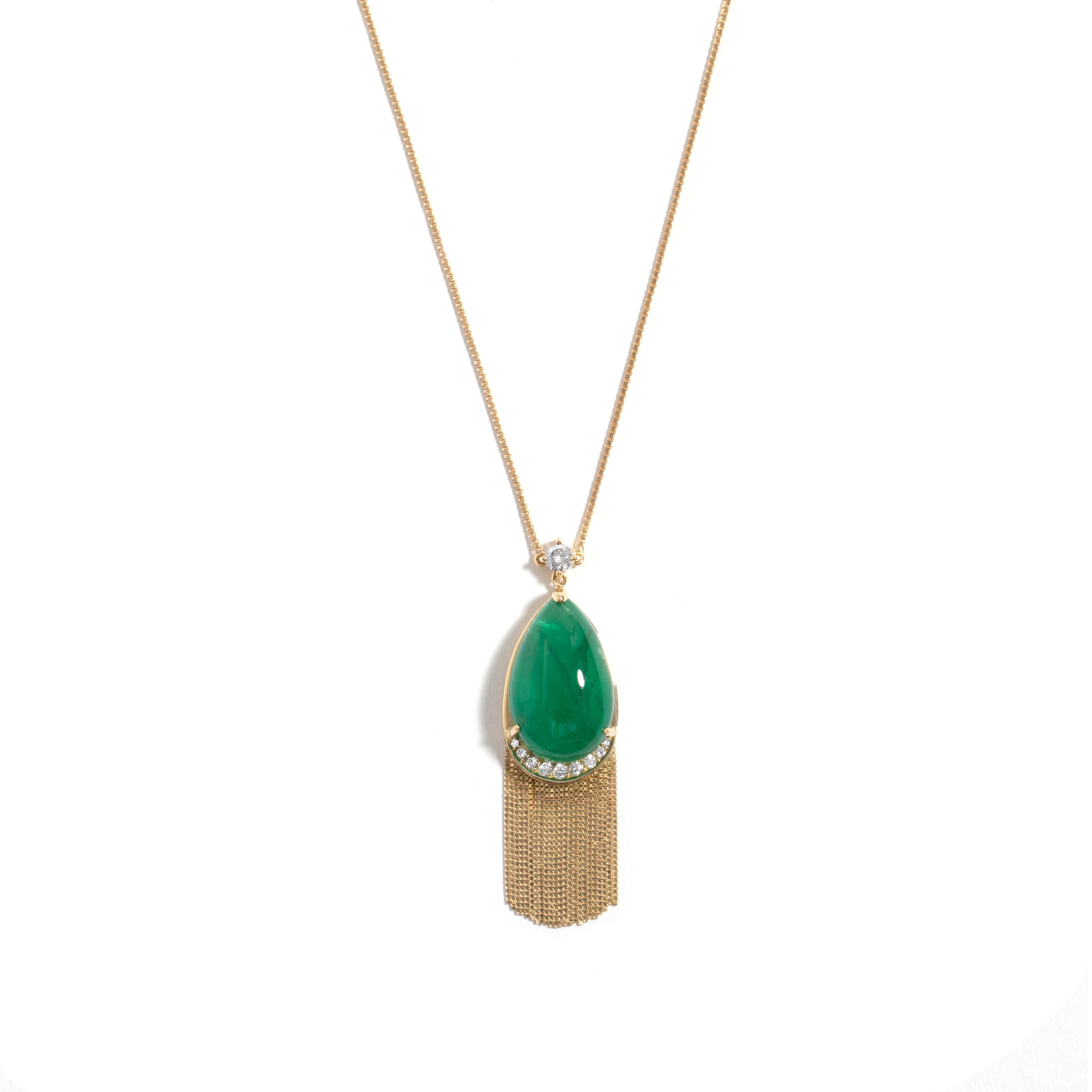 Colar New Vintage Fringe De Ouro Amarelo 18K, com Esmeralda E Diamantes