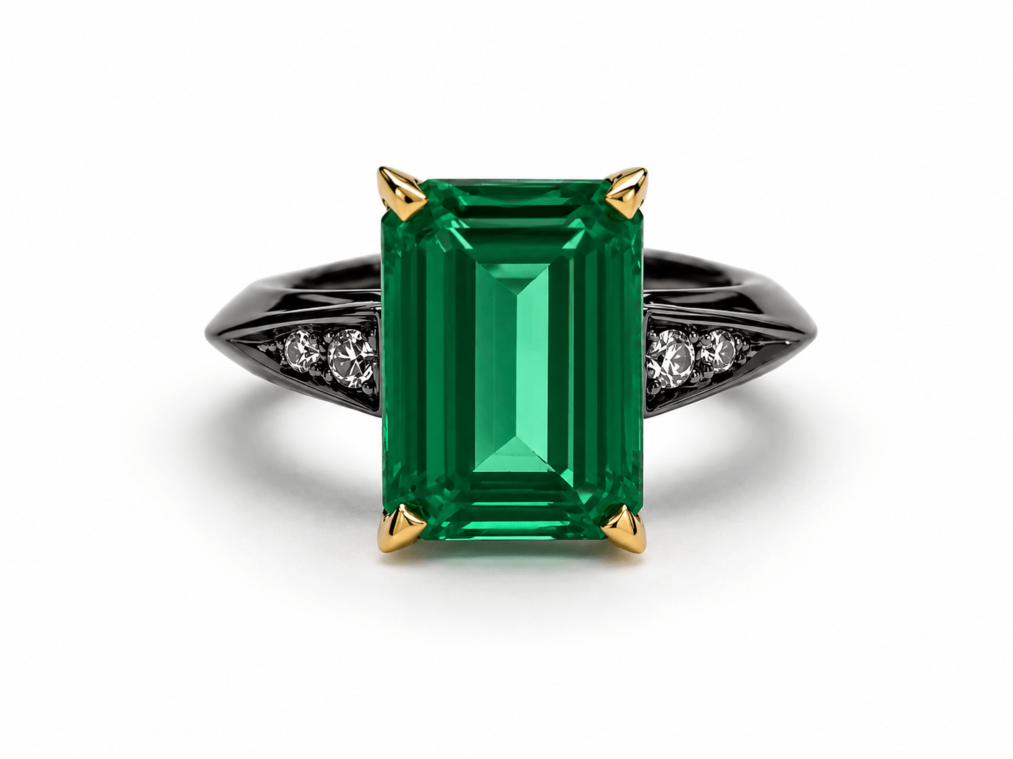 Anel Rock Star | Ouro Branco 18K com Ródio Negro, Esmeralda e Diamantes - Jack Vartanian - Cravejados