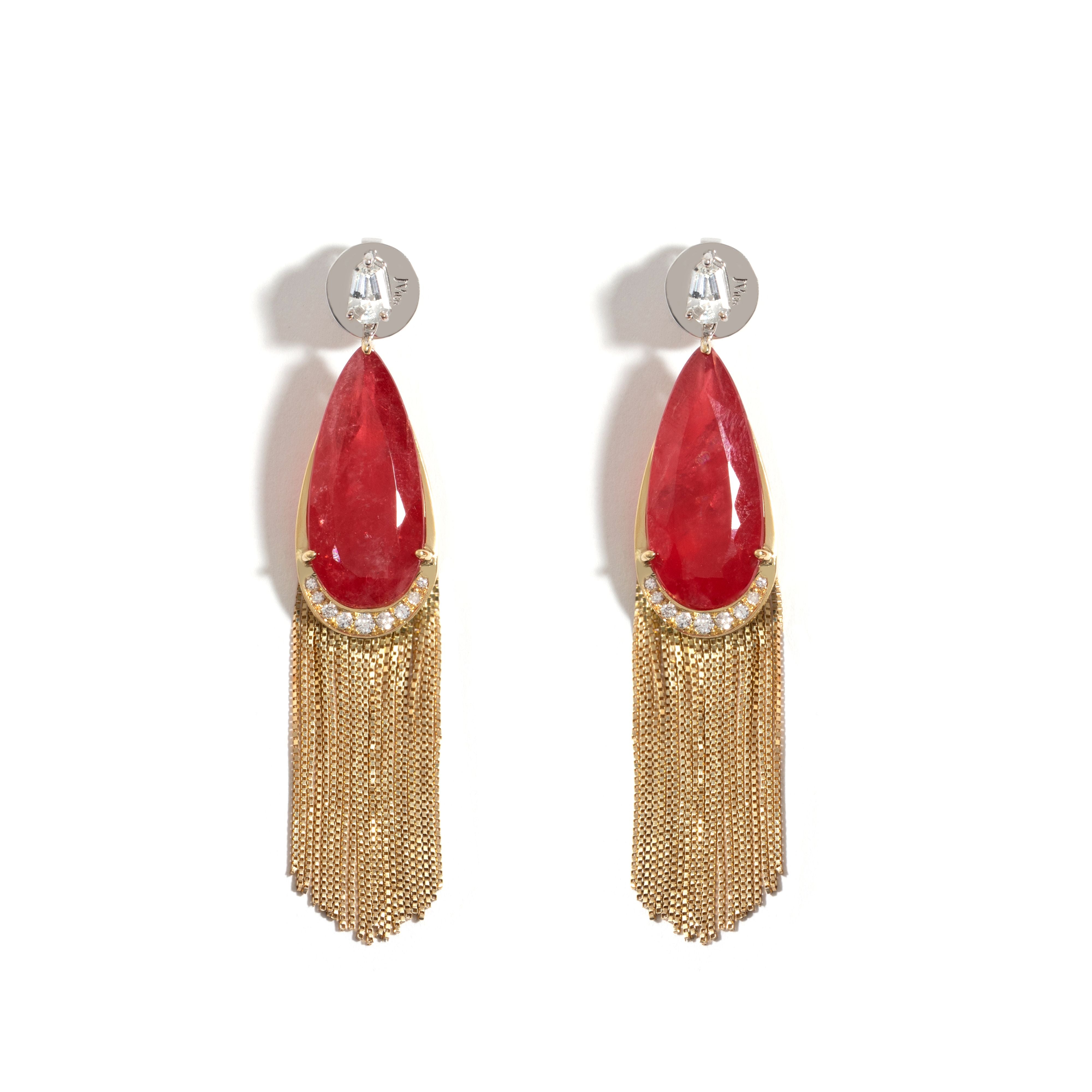 Brinco New Vintage Fringe De Ouro Amarelo E Branco 18K, com Rodonitas, Safiras E Diamantes