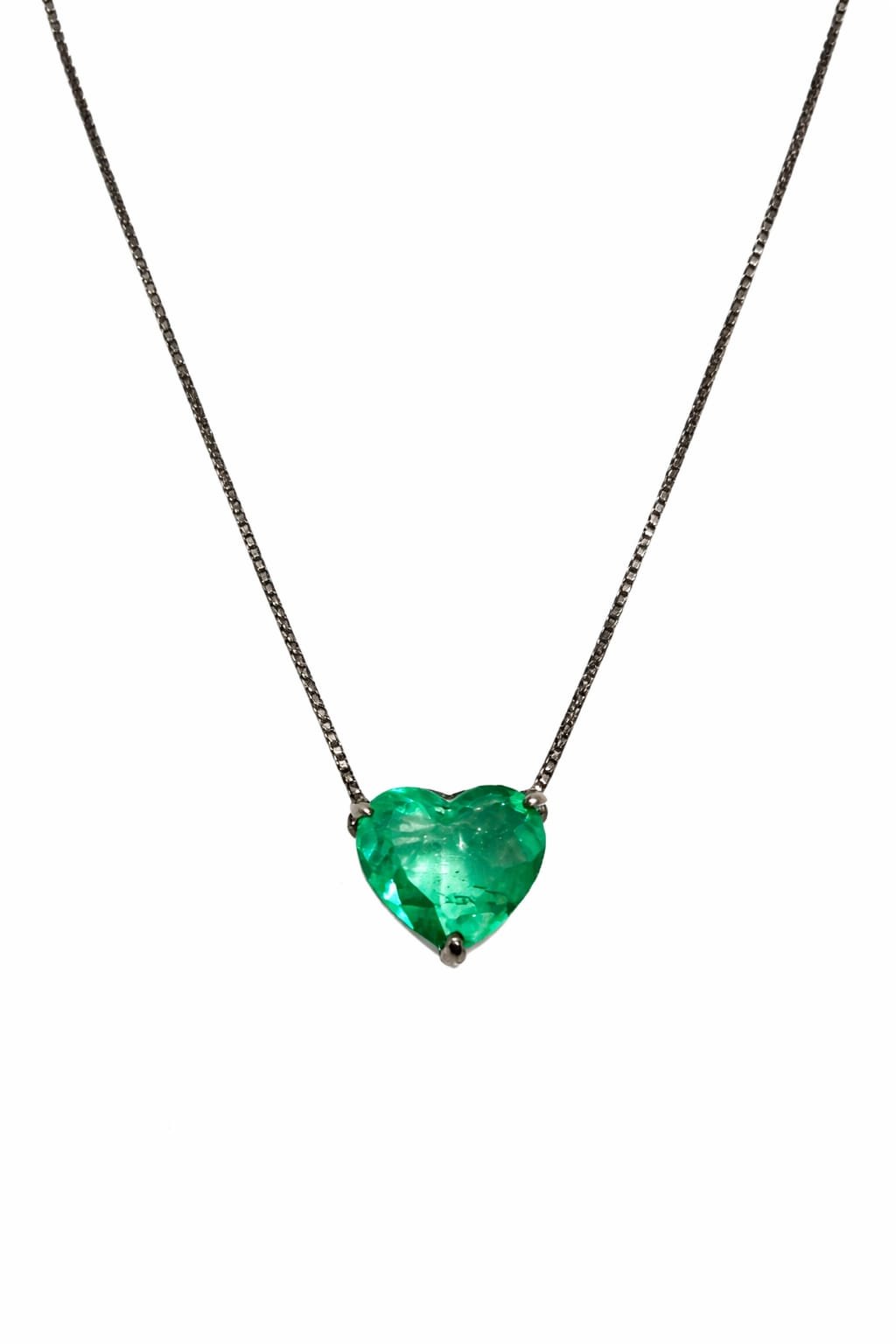 Colar Especial Solitário Coração | Ouro Branco 18K com Ródio Negro e Esmeralda - Jack Vartanian - Alta Joalheria