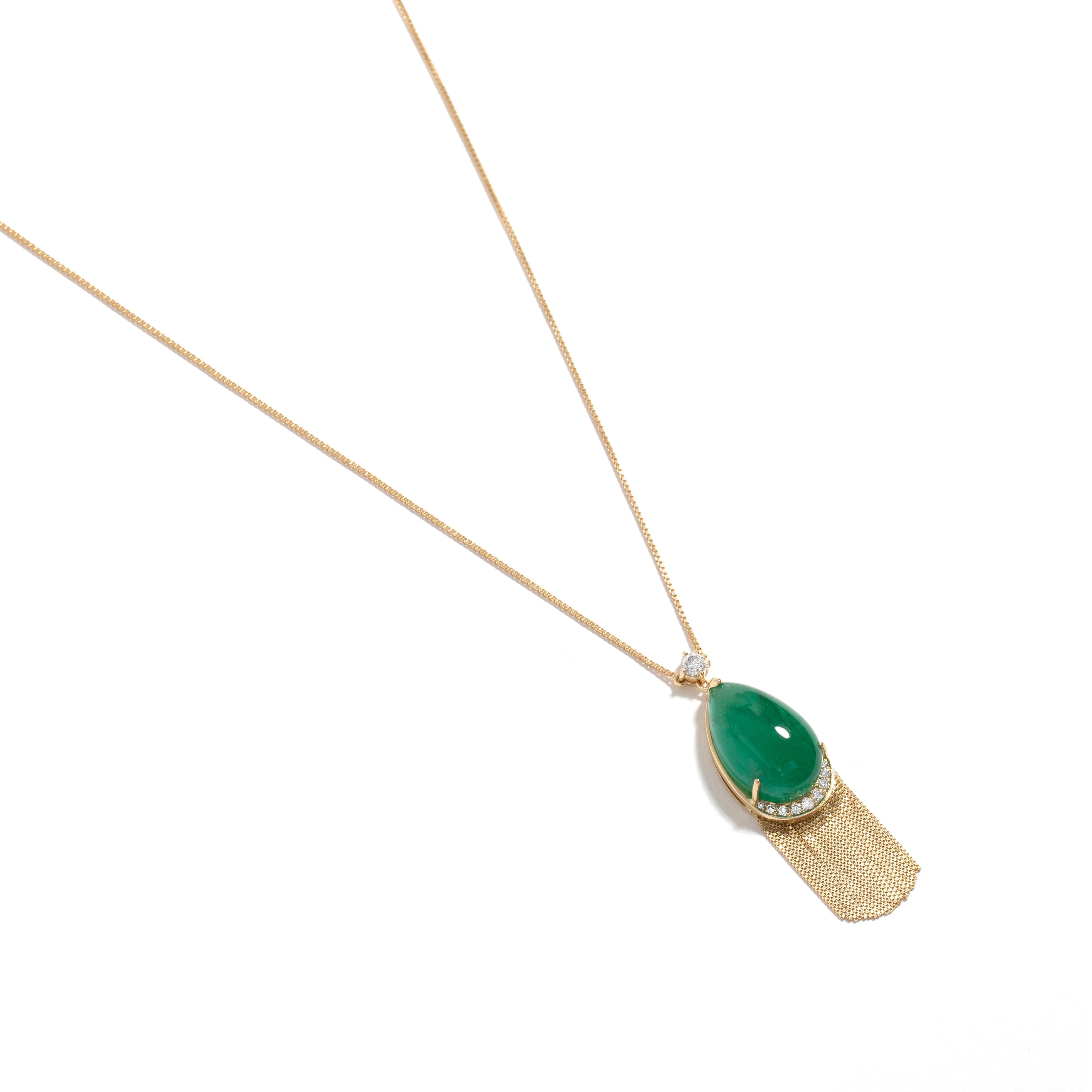 Colar New Vintage Fringe De Ouro Amarelo 18K, com Esmeralda E Diamantes