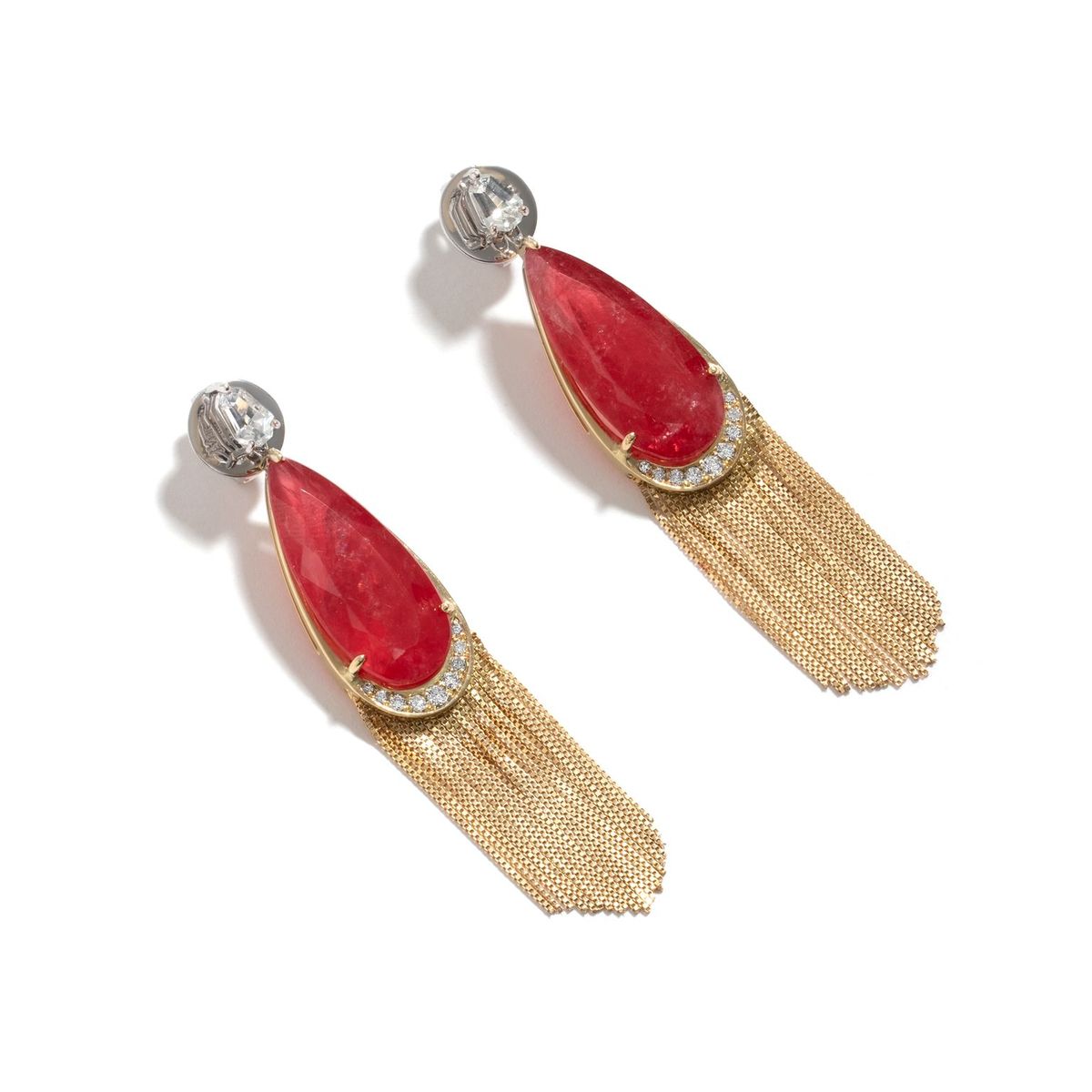 Brinco New Vintage Fringe De Ouro Amarelo E Branco 18K, com Rodonitas, Safiras E Diamantes