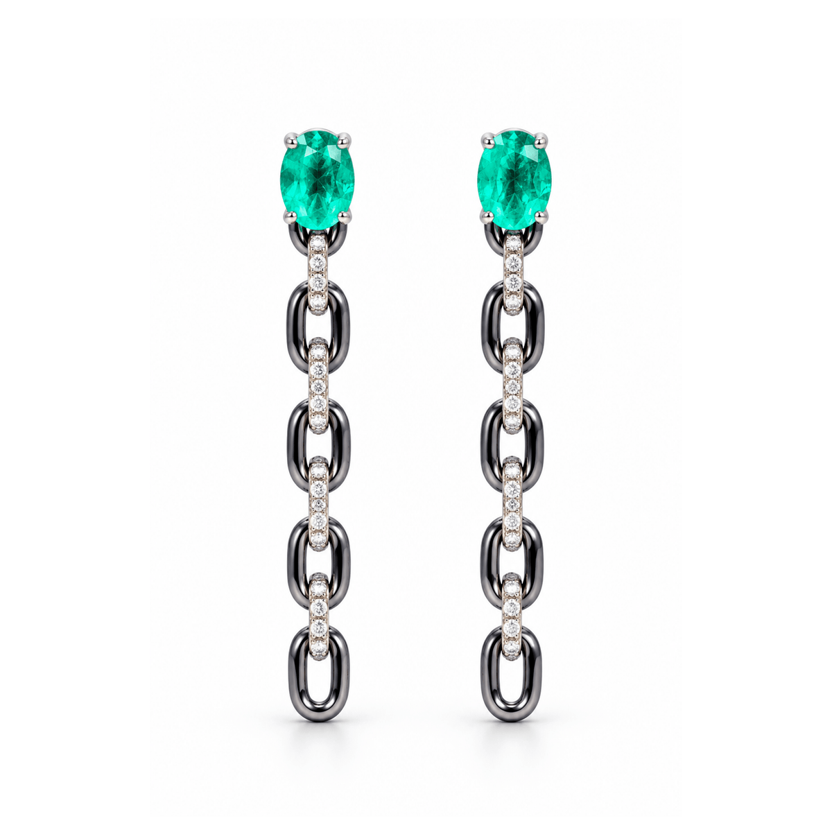 Brinco Chain Lovers | Ouro Branco 18K com Ródio Negro, Esmeralda e Diamantes - Jack Vartanian - Argolas
