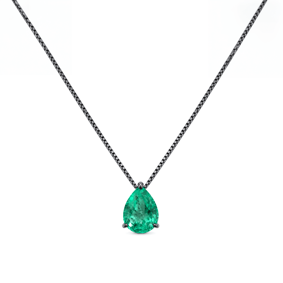 Colar Especial Solitário Gota | Ouro Branco 18K com Ródio Negro e Esmeralda - Jack Vartanian - Alta Joalheria
