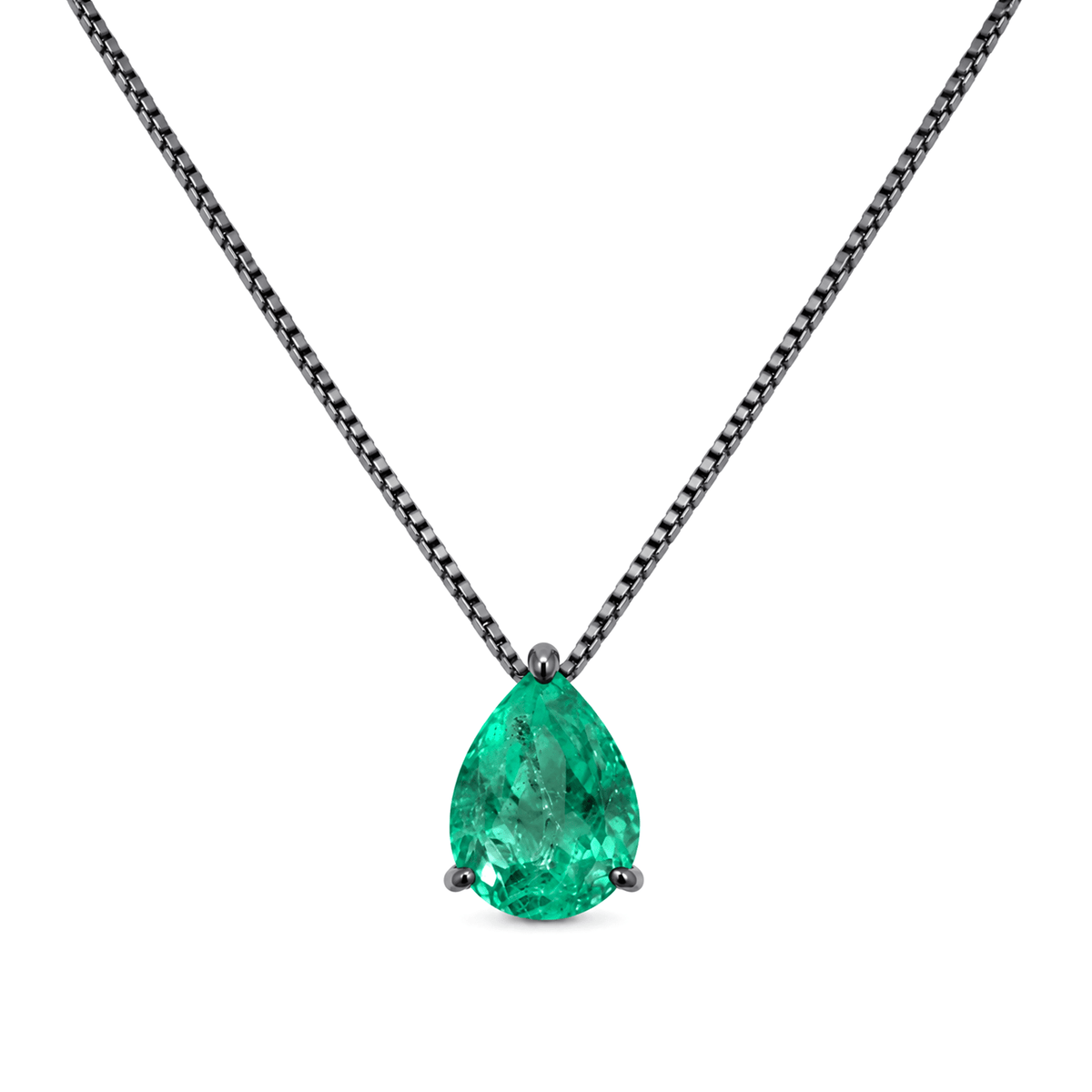 Colar Especial Solitário Gota | Ouro Branco 18K com Ródio Negro e Esmeralda - Jack Vartanian - Alta Joalheria